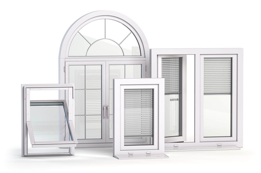 Various white window frames displaying different styles including arched, casement, and awning designs with blinds
