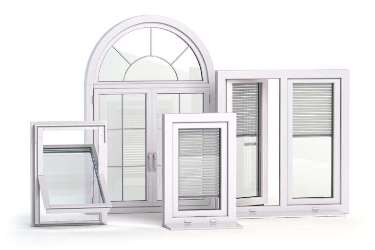 Various white window frames displaying different styles including arched, casement, and awning designs with blinds