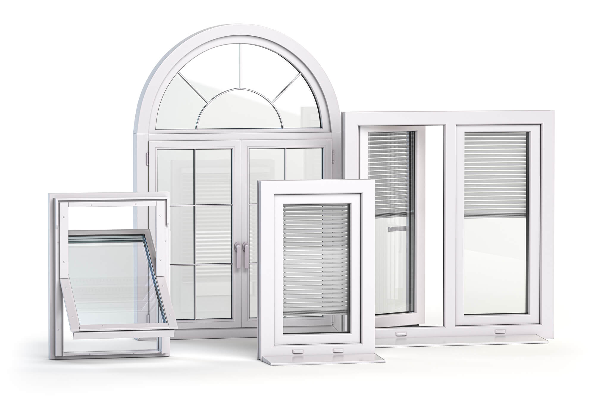 Various white window frames displaying different styles including arched, casement, and awning designs with blinds